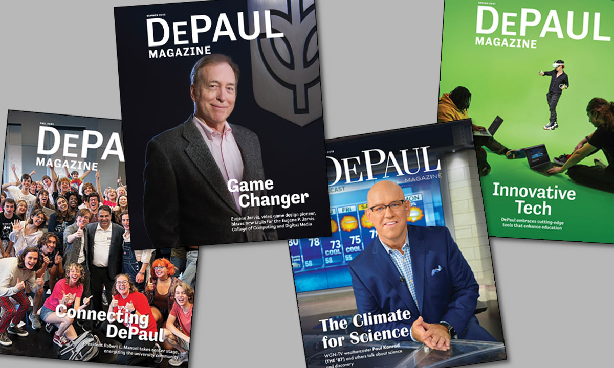 a few past covers of the DePaul magazine