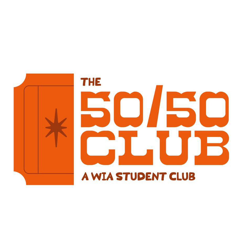 orange logo western style reading 50 50 club with a movie ticket