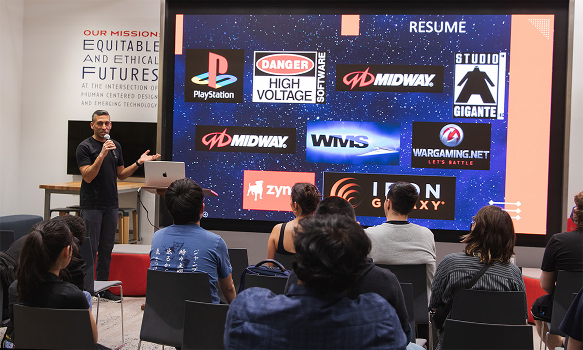 presentation with video gaming company logos on the screen