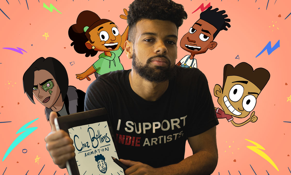 Portrait photo of Chaz with some of his animations