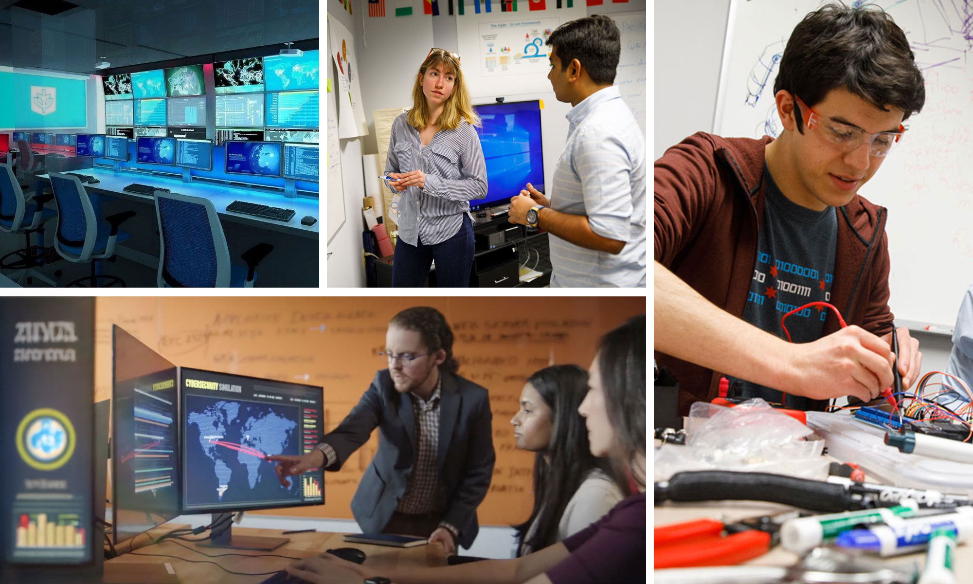 collage of 4 images of students working together in different rooms