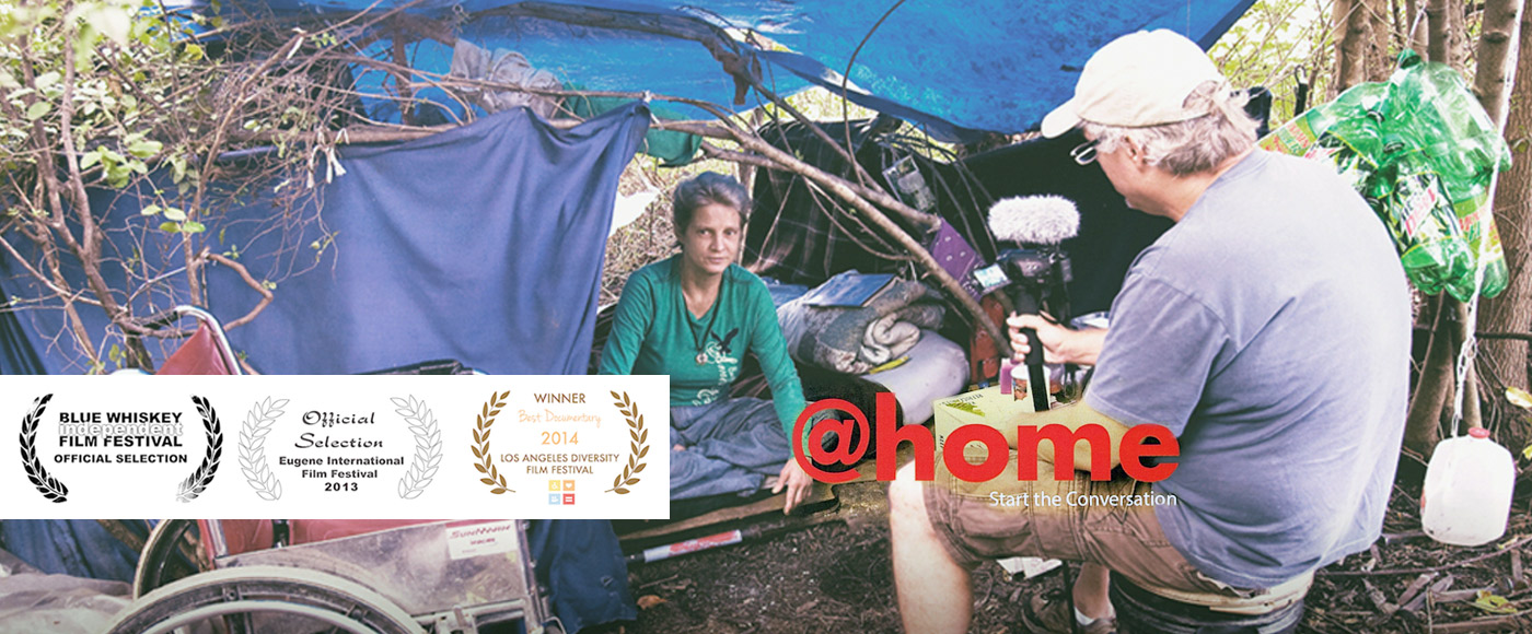 homeless woman living in a makeshift tent outside with documentary crew filming her